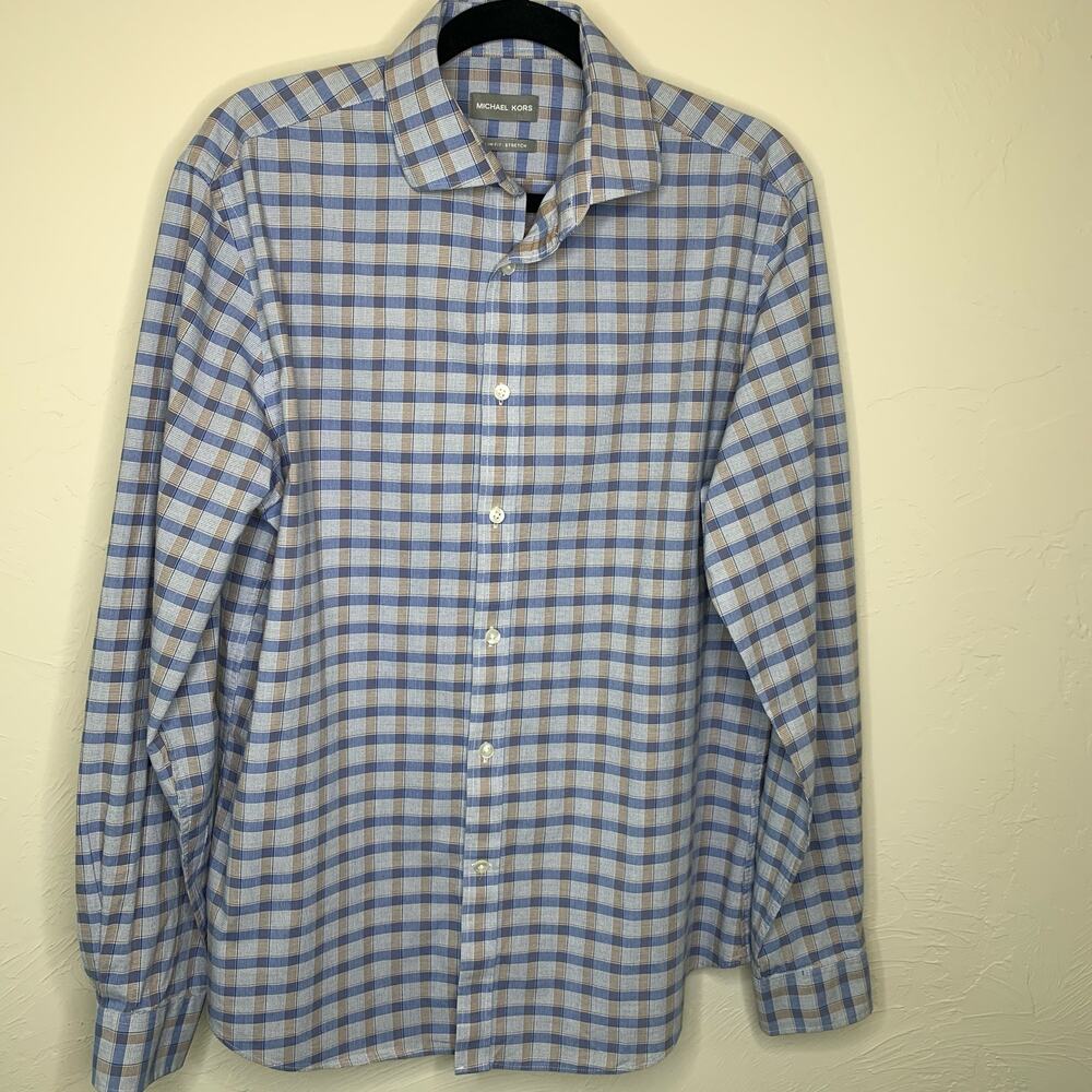 Michael Kors Blue Tan Plaid Button Up Shirt Sz Large Slim Fit